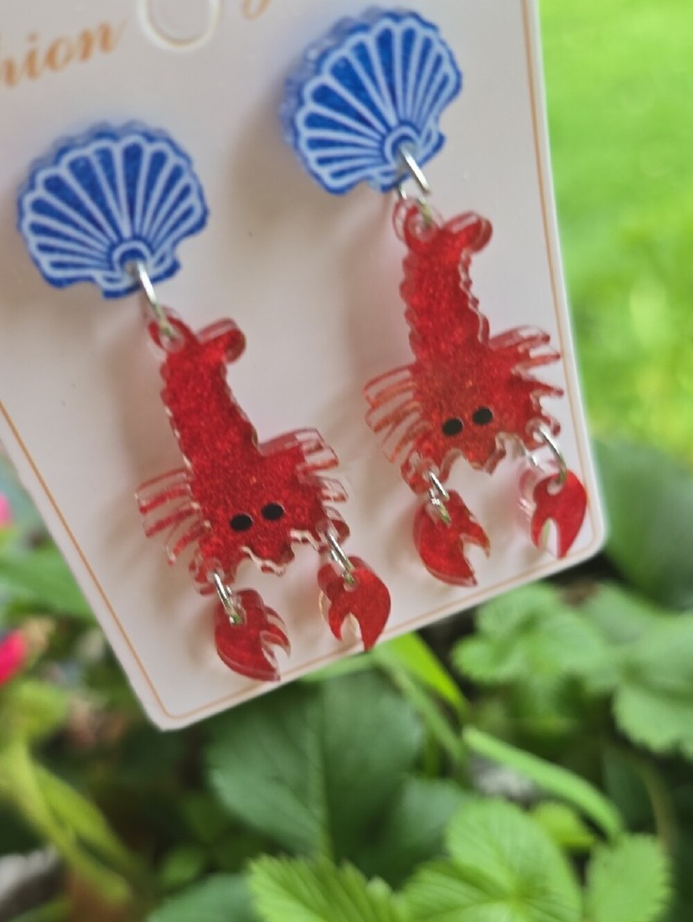 🤩 4th JULY Red Lobster Dangle Claws & Blue Sea Shell Earrings Stud Backing NEW